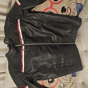 Black Leather Jacket with Red & White Racing Stripes